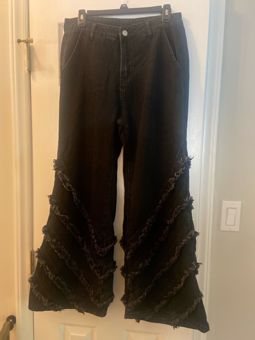 Size M Stacked Fringe Black Wide-Leg Flare Jeans for Women